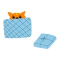 Vector illustration of ginger cat inside opened blue gift box in cartoon flat childish style Royalty Free Stock Photo