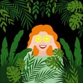 The vector illustration of bright girl in the jungle. Royalty Free Stock Photo