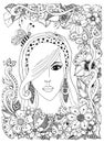 Vector illustration girl with Asian zentangle bee inher hair. Doodle frame flowers. Zenart anti-stress. Adult coloring