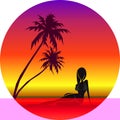 Vector illustration of girl on beach under palmtrees
