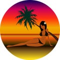 Vector illustration of girl on beach under palmtrees