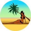 Vector illustration of girl on beach under palmtrees