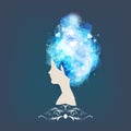 Vector illustration of a girl with blue hair, a silhouette with an abstract month.