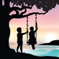 Vector illustration girl and boy playing swings.