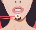 Beautiful woman eating sushi roll with salmon and avocado. Vector graphics.