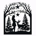 Black silhouette, tattoo of a girl, Christmas trees, deer, stars on white isolated background. Vector Royalty Free Stock Photo