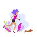 Vector illustration of girl and the dog running in city Park, flat design Royalty Free Stock Photo