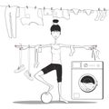 girl doing yoga in the bathroom. washes clothes in the washing machine.