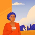 Vector illustration of a girl drinking tea or coffee in a mountain house on the terrace. Autumn and winter holidays, hotels and