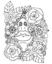 Vector illustration girl drowned in flowers. Doodle drawing. Meditative exercise. Coloring book anti stress for adults