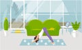 Vector illustration The girl is engaged in yoga in Adho mukha svanasana in a living room. Design of a modern room with