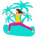 Vector illustration The girl is engaged in yoga and calm down on the background of palm trees. Relax, a good concept of