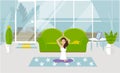 Vector illustration The girl is engaged in yoga in namaste and hands up in a cozy living room. Design of a modern room