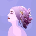 Vector illustration of a girl with flowers instead of hair. Beautiful and elegant woman profile in purple tones Royalty Free Stock Photo