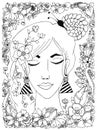 Vector illustration girl with flowers zentangl snail on her head, a flower frame, doodle, zenart, dudlart. Fairy-tale