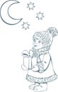 Vector illustration of a girl with a gift under the Moon and stars. Small girl in winter clothes
