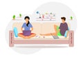 Vector illustration of a girl and a guy working on the Internet on the couch. Freelance. Royalty Free Stock Photo