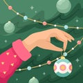 Vector illustration of a girl hand hanging a Christmas ball on a Christmas tree. New Year. Holidays Royalty Free Stock Photo