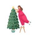Vector illustration of a girl hanging a Christmas ball on a Christmas tree. New Year. Holidays Royalty Free Stock Photo