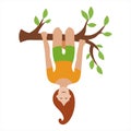 Vector illustration of a girl hanging upside down on a tree branch isolated on white background Royalty Free Stock Photo