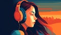 Vector Illustration of Girl with Headphones on, the Music brings Her to her Inner Peace