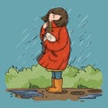 Illustration of a girl with a homeless kitten in the rain