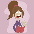 Vector illustration of a girl in a lilac sweater with a pink notepad in her hands shouts with bulging eyes from behind a torn page