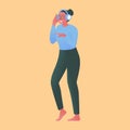 Vector illustration of a girl listening to music on headphones. Beautiful stylish girl wearing headphones dancing in a cozy Royalty Free Stock Photo