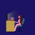 Vector illustration of a girl with long brown hair sitting on a chair near a computer monitor dressed in pink pajamas, in a Royalty Free Stock Photo