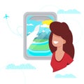 Vector Illustration Girl Looks Out Window Plane. Royalty Free Stock Photo