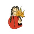 Vector illustration of a girl with a maple leaf. Autumn, cute girl with braids, weekend, icon, fashio
