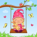 Cute cartoon gnome on a swing.