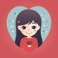 Vector illustration of a girl portrait with heart. Happy Valentines illustration. Flat cartoon vector illustration