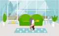 A vector illustration A girl practices yoga in a pose front tilt forward at home, in a cozy living room.