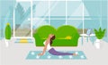 A vector illustration A girl practices yoga in a snake pose at home, in a cozy living room. Design of a modern room with