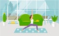 A vector illustration A girl practices yoga in a war pose at home, in a cozy living room