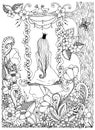 Vector illustration girl Princess zentangle riding swing. Wood, frame, flowers, birds tree, doodle, zenart, dudlart