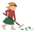 Vector illustration of a girl raking leaves with rakes isolated on white background. Cute kid doing garden work. Spring gardening