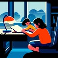 A vector illustration of a girl reading a book while sitting in front of a computer at home Generative AI