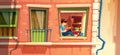 Vector Illustration Of Girl Reading The Book On The Window Of Multistorey Apartment, Building Outside Concept, Cityscape