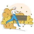 Vector illustration of a girl running along the alley in the park in the autumn among yellow trees with a bench in background. Royalty Free Stock Photo