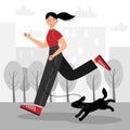 Vector illustration with a girl running in the park with her dog. The girl goes in for sports. Royalty Free Stock Photo