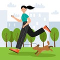 Vector illustration with a girl running in the park with her dog. The girl goes in for sports. jogging Royalty Free Stock Photo