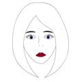 Vector illustration of a girl`s face with violet eyes. Full face. Long eyelashes. Black eyebrows. Her lips were painted scarlet.