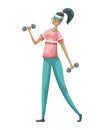 Vector illustration of a girl in a sports uniform with dumbbells. Training