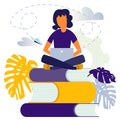 Vector illustration girl student graduate sitting on books Royalty Free Stock Photo