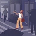 Vector illustration of a girl under summer rain in a big city.