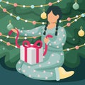 Vector illustration of a girl unpacking a Christmas gift under a Christmas tree Royalty Free Stock Photo