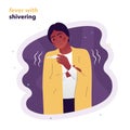 Vector illustration of a girl warming herself with a coverlet, holding a thermometer in her hand. The girl is shivering from the