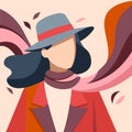 Vector illustration of a girl wearing a wide-brimmed hat, scarf and coat